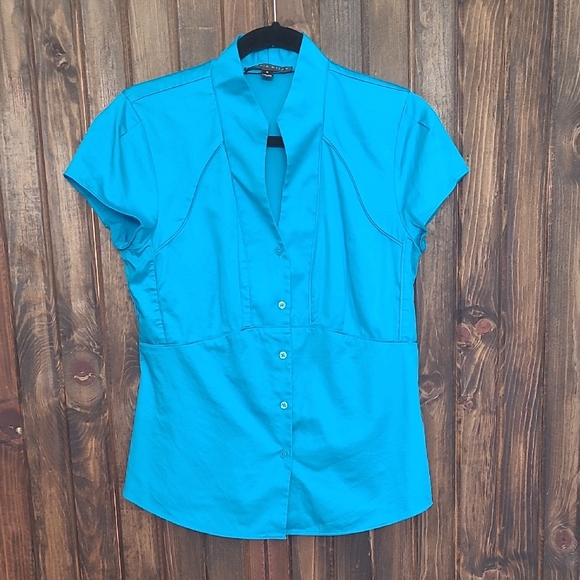 ANTONIO MELANI Blue Cap Sleeve Button Down Shirt - Picture 1 of 4